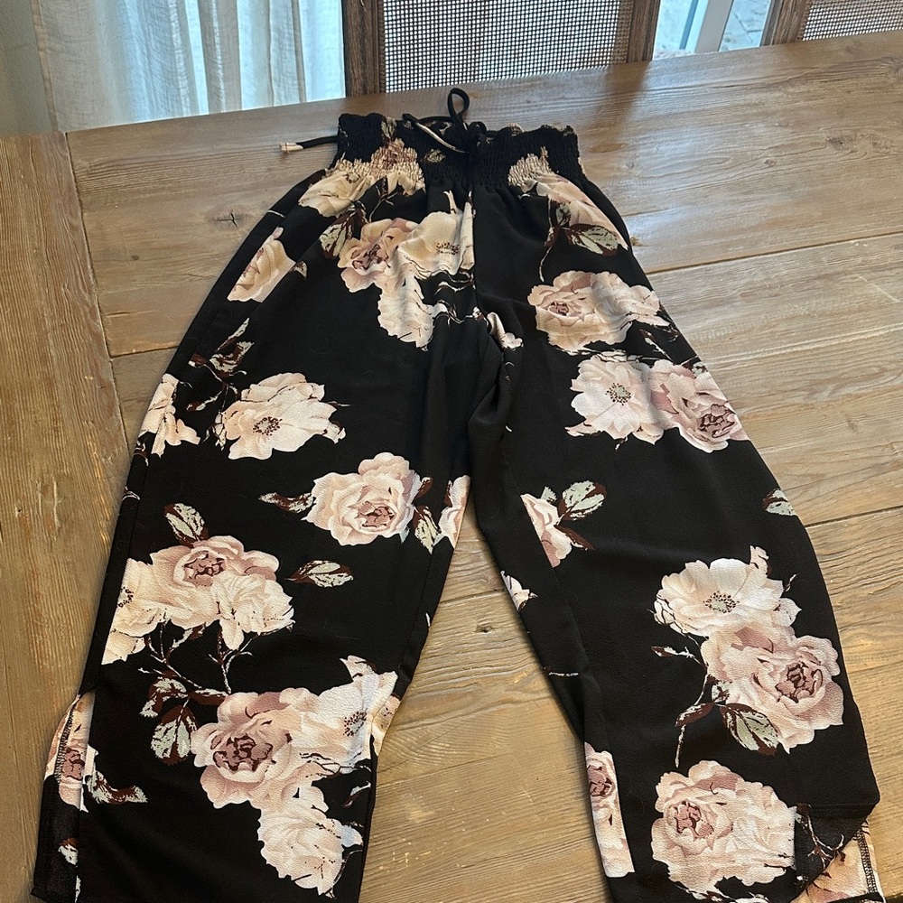 Floral Black Wide Leg Pants